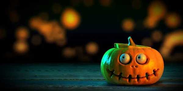 Cadılar Bayramı Balkabağı veya Jack O Lantern sola bakarak gözleri ile ahşap bir yere koy ve Bokeh alan derinliği arka planda göstermek. 3D render.