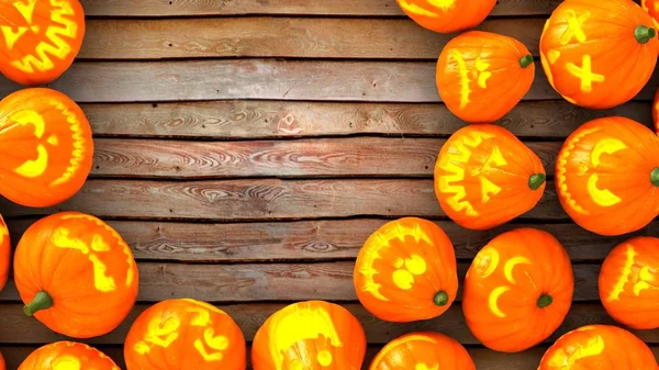 Jack-O-Lantern veya Halloween pumpkins ile ışık ahşap zemin üzerinde aynı noktada bak. Daire boş alan ile hazır ve sol kadar bir kart yapmak için. 3D render yakın Üstten Görünüm.