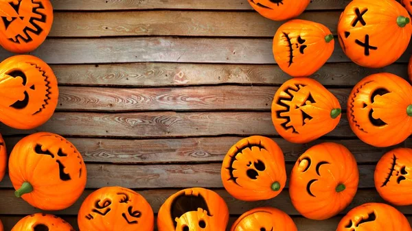 Jack Lanterna Abóboras Halloween Chão Madeira Olhar Para Mesmo Ponto — Fotografia de Stock