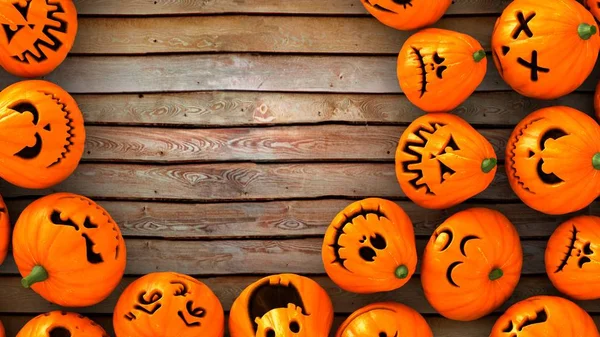Jack-O-Lantern veya Halloween pumpkins ahşap zemin üzerinde aynı noktada bak. Daire boş alan ile hazır ve sol kadar bir kart yapmak için. 3D render yakın Üstten Görünüm.