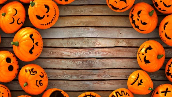 Jack-O-Lantern veya Halloween pumpkins ahşap zemin üzerinde aynı noktada bak. Daire alanı ile merkezi ve bir kart yapmak için hazır. 3D render yakın çekim Üstten Görünüm.