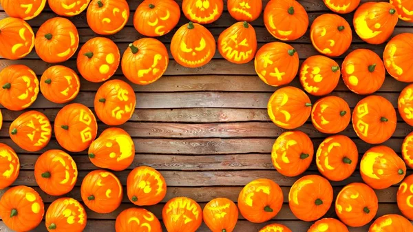 Jack Lanterna Abóboras Halloween Com Iluminação Chão Madeira Olhar Para — Fotografia de Stock