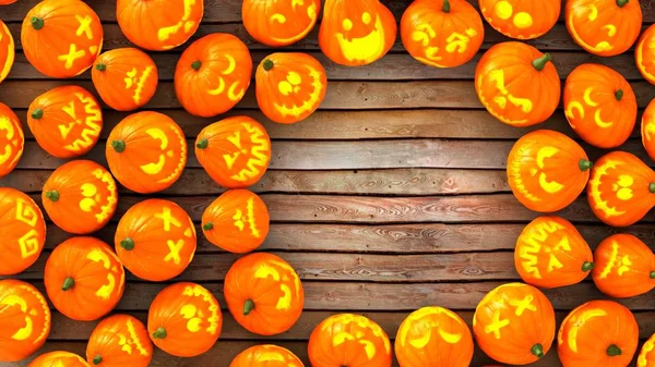 Jack Lanterna Abóboras Halloween Com Iluminação Chão Madeira Olhar Para — Fotografia de Stock