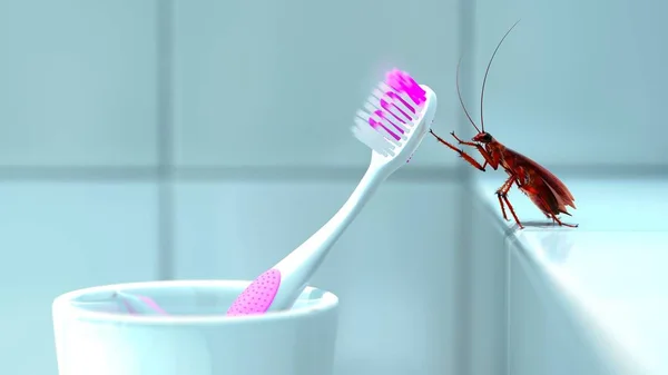 Hamamböceği banyoda bir diş fırçası tırmanmaya çalışacağım. Hamamböceği taşıyıcılar hastalığın vardır. Yakın çekim 3d render.