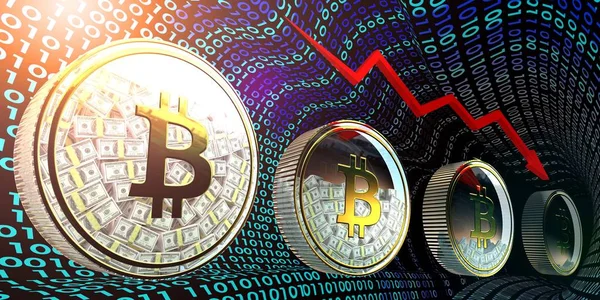 Bitcoins dijital tünelde aşağı Doları banknot yolda kaybettim. 3D çizim