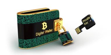 Kilit ve özel anahtar beyaz arka plan üzerinde 3d illüstrasyon kavramı izole Bitcoins dijital cüzdan.