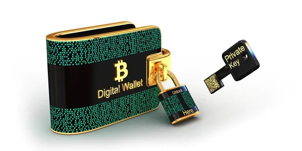 Kilit ve özel anahtar beyaz arka plan üzerinde 3d illüstrasyon kavramı izole Bitcoins dijital cüzdan.