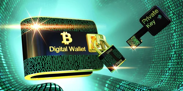 Bitcoins dijital cüzdan kilit ve yeşil dijital tünel, 3d illüstrasyon kavramı üzerinde özel anahtarı.