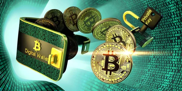 Bitcoins dijital cüzdan sikke ve yeşil dijital tünel, 3d illüstrasyon kavramı üzerinde özel anahtar ile kilidi.