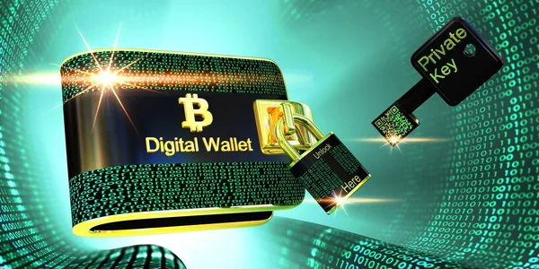 Bitcoins Digitális Pénztárca Zár Személyes Kulcs Zöld Digitális Alagút Illusztráció Stock Kép