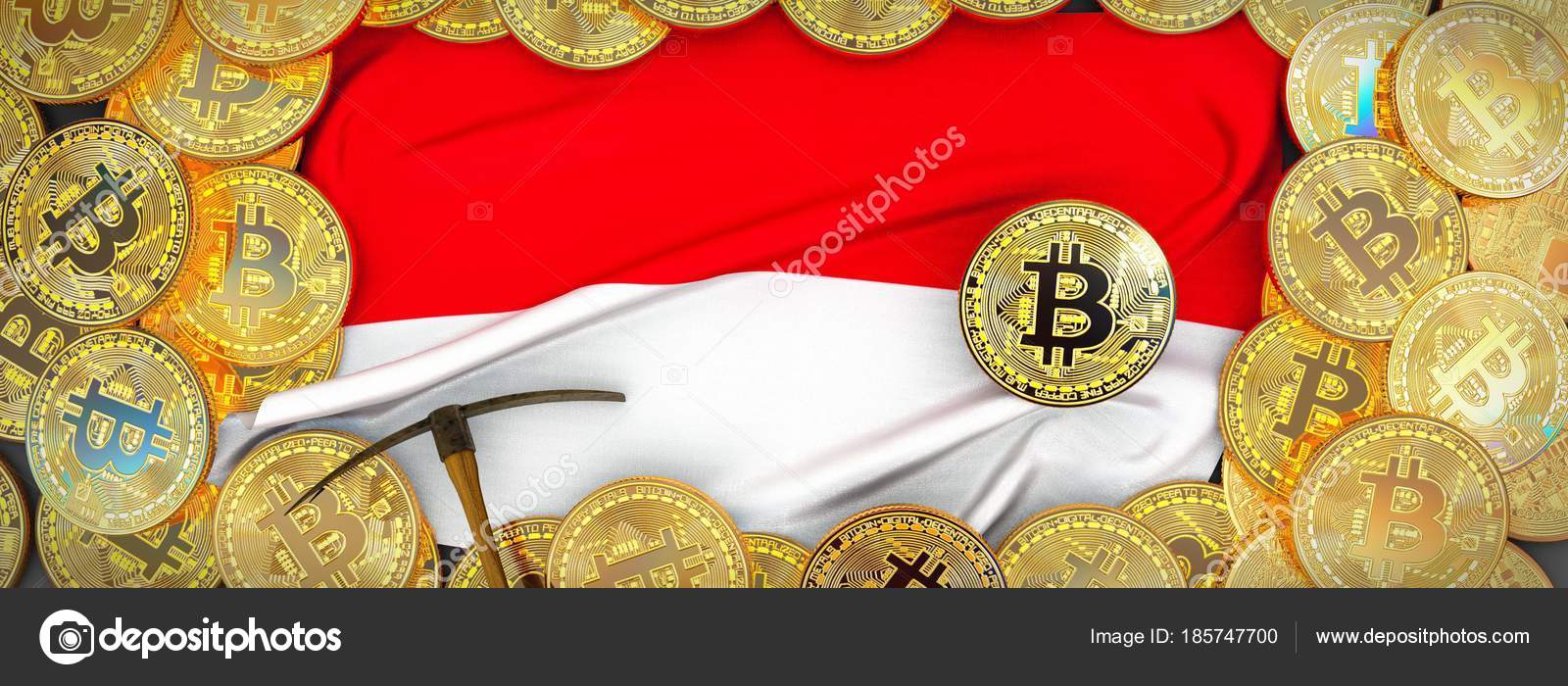 Bitcoins Gold around Indonesia flag and pickaxe on the left.3D — Stock  Editorial Photo © guihim #185747700