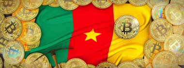 Bitcoins altın Kamerun bayrağı ve kazma left.3d üzerinde etrafında ben