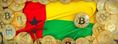 Bitcoins altın Gine Bissau bayrak ve kazma sol çevresinde