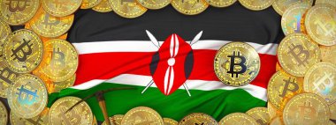 Kenya bayrak ve kazma left.3d Hüseyin üzerinde çevresinde Bitcoins altın