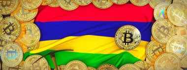 Mauritius bayrak ve kazma left.3d üzerinde çevresinde Bitcoins altın 