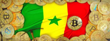 Senegal bayrak ve kazma left.3d Il üzerinde çevresinde Bitcoins altın
