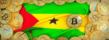 Bitcoins altın Sao Tome bayrak ve kazma left.3d üzerinde etrafında ben