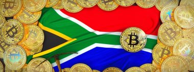 Güney Afrika bayrak ve kazma sol çevresinde Bitcoins altın.