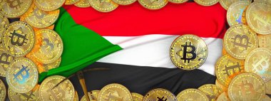 Sudan bayrağı ve kazma left.3d Hüseyin üzerinde çevresinde Bitcoins altın