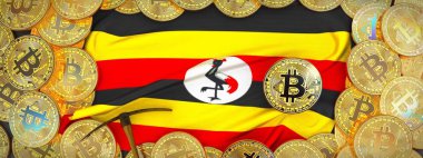 Uganda bayrağı ve kazma left.3d hasta üzerinde çevresinde Bitcoins altın