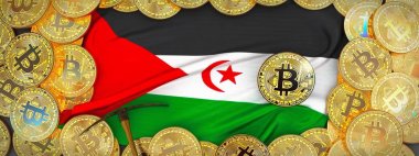 Sahra Arap Dr bayrak ve kazma le üzerinde çevresinde Bitcoins altın