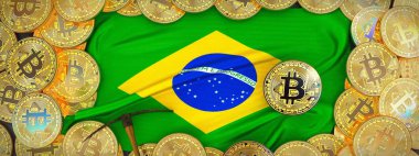 Brezilya bayrağı ve kazma left.3d hasta üzerinde çevresinde Bitcoins altın