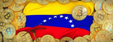 Venezuela bayrak ve kazma left.3d üzerinde çevresinde Bitcoins altın 