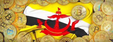 Brunei bayrağı ve kazma left.3d hasta üzerinde çevresinde Bitcoins altın
