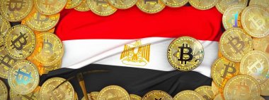 Mısır bayrağı ve kazma left.3d Hüseyin üzerinde çevresinde Bitcoins altın