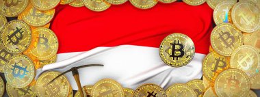 Endonezya bayrağı ve kazma left.3d üzerinde çevresinde Bitcoins altın 