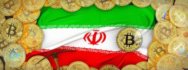 Iran bayrağı ve kazma left.3d Illus üzerinde çevresinde Bitcoins altın