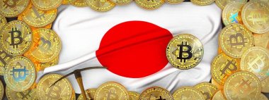 Japonya bayrağı ve kazma left.3d Hüseyin üzerinde çevresinde Bitcoins altın