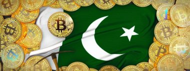 Bitcoins Altın Pakistan bayrağı ve kazma left.3d üzerinde etrafında ben