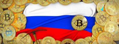 Rusya bayrağı ve kazma left.3d hasta üzerinde çevresinde Bitcoins altın