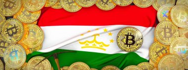 Tacikistan bayrağı ve kazma left.3d üzerinde çevresinde Bitcoins altın