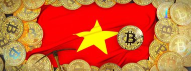 Vietnam bayrağı ve kazma left.3d Il üzerinde çevresinde Bitcoins altın