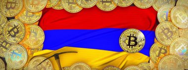 Ermenistan bayrağı ve kazma left.3d Il üzerinde çevresinde Bitcoins altın