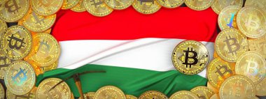 Macaristan bayrağı ve kazma left.3d Il üzerinde çevresinde Bitcoins altın