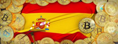 İspanya bayrağı ve kazma left.3d Hüseyin üzerinde çevresinde Bitcoins altın