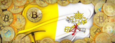 Bitcoins altın bayrak ve kazma left.3d Illustrati üzerinde