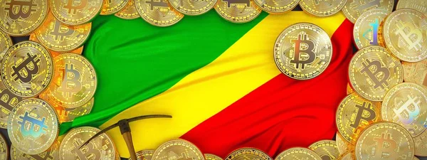 Cumhuriyeti Kongo bayrak ve kazma lef üzerinde çevresinde Bitcoins altın