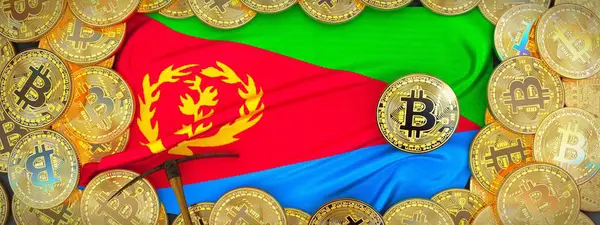 Eritre bayrak ve kazma left.3d Il üzerinde çevresinde Bitcoins altın