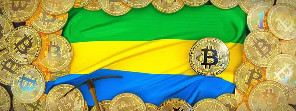 Gabon bayrak ve kazma left.3d Hüseyin üzerinde çevresinde Bitcoins altın