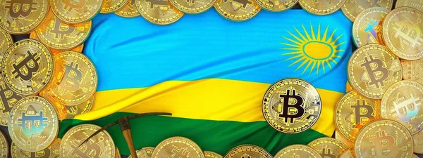 Ruanda bayrak ve kazma left.3d hasta üzerinde çevresinde Bitcoins altın