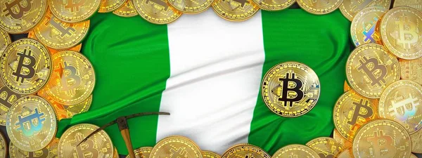 Nijerya bayrak ve kazma left.3d Il üzerinde çevresinde Bitcoins altın