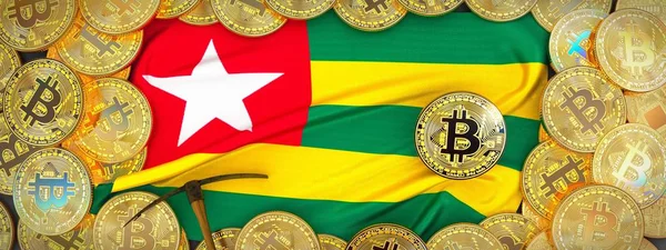 Togo bayrak ve kazma left.3d Illus üzerinde çevresinde Bitcoins altın