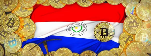 Bitcoins Ouro em torno da bandeira do Paraguai e picareta na esquerda.3D I — Fotografia de Stock