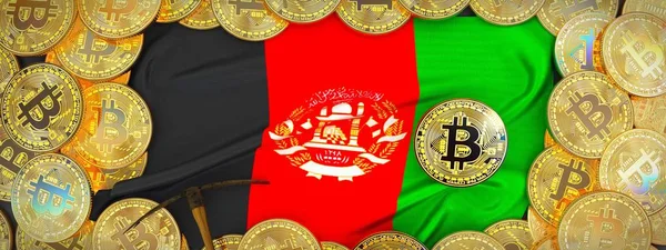 Bitcoins altın Afganistan bayrağı ve kazma left.3 üzerinde