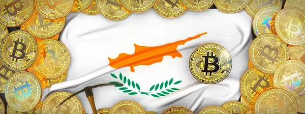 Kıbrıs bayrağı ve kazma left.3d hasta üzerinde çevresinde Bitcoins altın