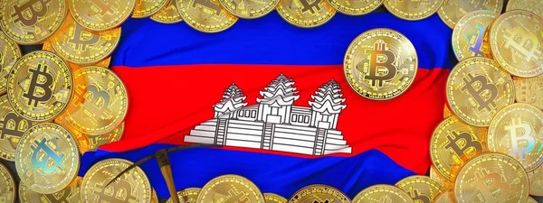 Bitcoins altın Kamboçya bayrağı ve kazma left.3d üzerinde etrafında ben